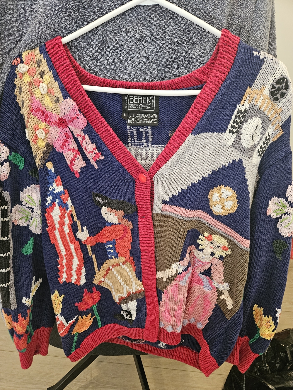 Berek Vintage-Inspired Navy & Pink Knit Cardigan Sweater